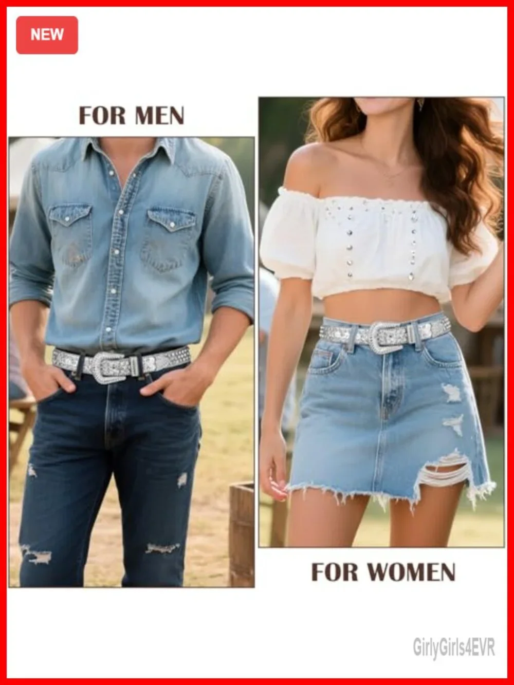 Studded Leather Western Belt with Rhinestone Buckle for Jeans